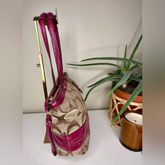 Coach Signature Stripe Tote Bag 12429 Fuchsia Pink Khaki Canvas Leather Y2K Bag - Picture 3 of 11